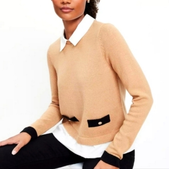 NEW! ANN TAYLOR LOFT Camel Poplin Layered Mix Media Sweater. - Picture 1 of 5